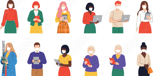 Collection of diverse men and women wearing protective face masks and holding tablets and laptops for public health awareness