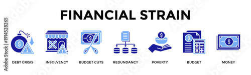 Financial Strain Icon Set Collection Pack Banner Web Vector Illustration  Concept Containing Debt Crisis, Insolvency, Budget Cuts, Redundancy, Poverty, Budget, Money