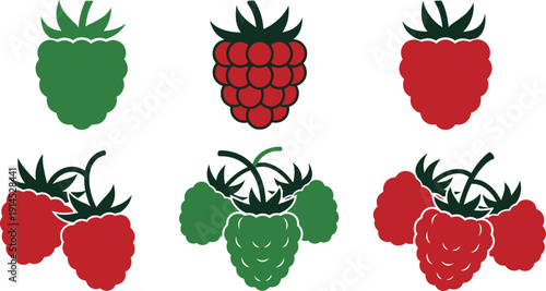 Red and green raspberry fruit icons set, colorful vector illustrations with fresh berries, whole raspberries and clusters with leaves isolated on white background.