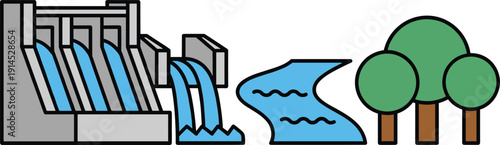 Hydroelectric dam and renewable energy icons set, flat vector illustrations with concrete water dam, flowing river and green forest trees isolated on white background.