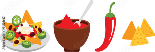 Mexican nachos and spicy snacks collection, colorful vector illustrations with loaded nachos plate, hot red chili salsa bowl and crunchy tortilla chips isolated on white background.