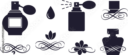 Luxury perfume bottles and fragrance icons set, black silhouettes with elegant atomizer spray, decorative floral swirls and scent droplets isolated on white background.