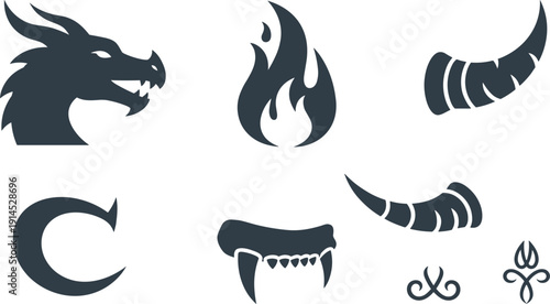 Mythical dragon and creature elements set, black silhouette icons with dragon head, fire flame, horns, sharp fangs and decorative tribal swirls isolated on white background.