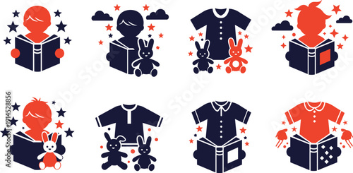 Children's education and bedtime story icons set, vector illustrations with kids reading books, cute bunny toys, pajamas and stars isolated on white background.