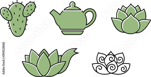 Cactus and succulent plants collection, flat vector icons with prickly pear, aloe vera, lotus flower and teapot shaped planter isolated on white background.