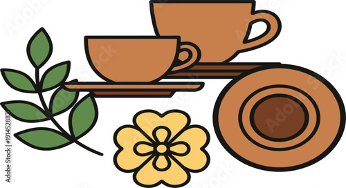 Classic ceramic tea set and floral elements collection, flat vector icons with brown teacups, saucers, green leaves and a yellow flower isolated on white background.