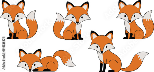 Cute Fox Outline Icon Set Sitting, Sleeping, and Playful Baby Fox Poses