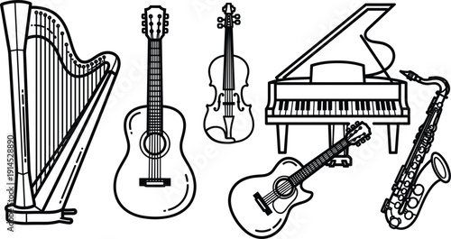 Classical and modern musical instruments collection, black silhouette icons with harp, acoustic guitar, violin, grand piano and saxophone isolated on white background.