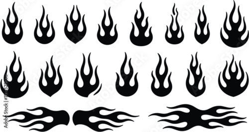 Set of Black Flame Fire Icons and Burning Elements Collection Isolated on Light Background Hot Blaze Silhouette Flat Vector Illustration