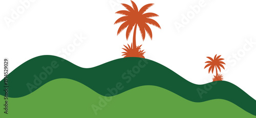 Tropical island landscape with palm trees and hills, colorful vector illustration with orange palm silhouettes on green rolling hills isolated on white background.