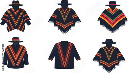 Traditional Latin American poncho and sombrero hat icons set, black silhouettes with colorful geometric patterns, ethnic mexican or andean clothing collection isolated on white background.