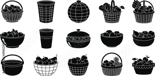 Fruit basket silhouette vector icons, vegetable container illustration set, food storage design graphics, healthy produce art, agriculture symbol elements