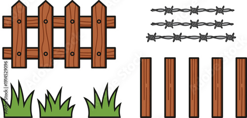 Wooden fence and garden boundary icons set, flat vector illustrations with rustic picket fence, barbed wire, wooden planks and green grass isolated on white background.