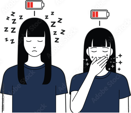 Tired Woman with Low Battery Symbol Yawning and Feeling Sleepy Exhaustion Fatigue Concept Isolated on Light Background Flat Vector Illustration