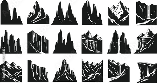 Mountain silhouette vector icons, cliff illustration set, rugged peak graphics, snow capped design, geological landscape art, outdoor adventure nature elements