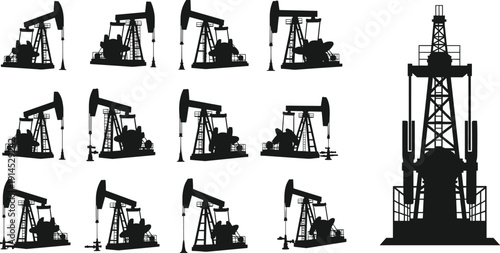 Oil drilling rig silhouette icons, pumpjack vector set, petroleum industry graphics, crude oil extraction design, energy production illustration, industrial equipment art