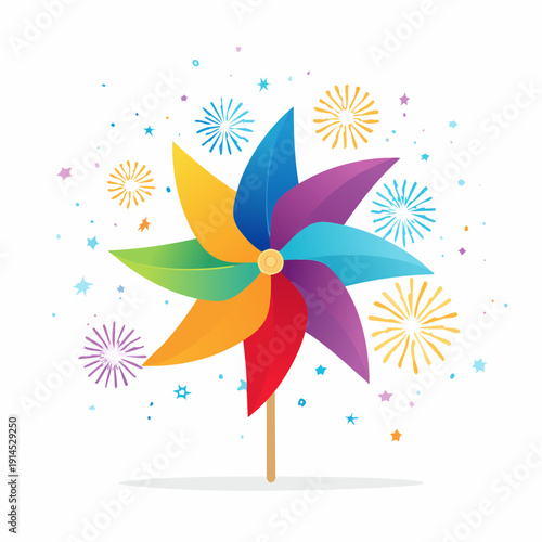 Colorful Pinwheel with Festive Fireworks and Confetti.