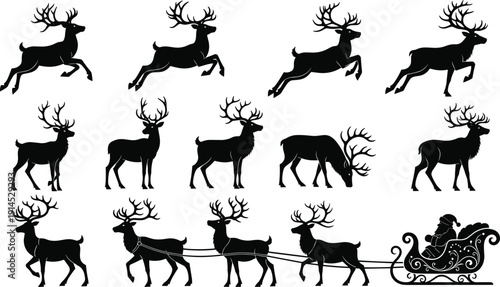 Reindeer silhouette vector icons, Christmas sleigh illustration set, holiday design graphics, festive Santa art, winter celebration symbols, seasonal decoration elements