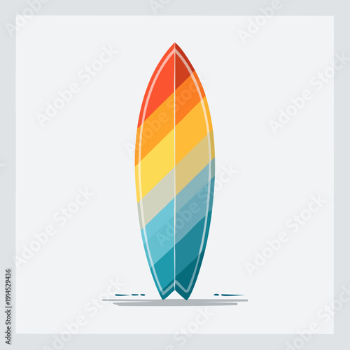 Colorful Surfboard Standing Upright on a White Background.