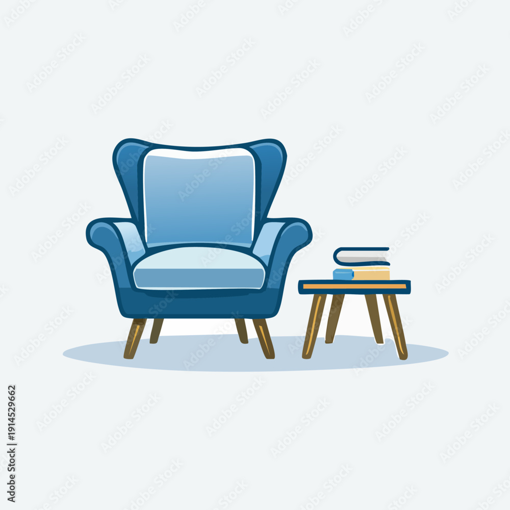 Fototapeta premium Comfortable blue armchair beside a small wooden side table with books.
