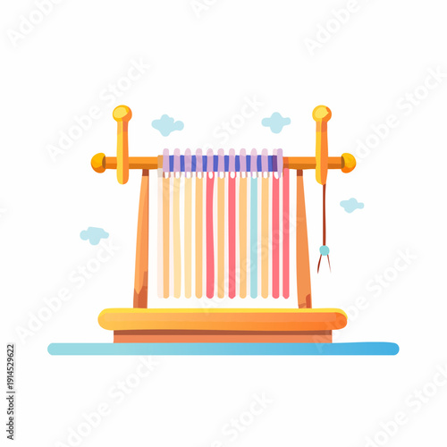 Colorful weaving loom with threads and tools for textile creation.
