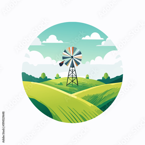 Colorful Windmill on Green Hills Landscape Vector Illustration.