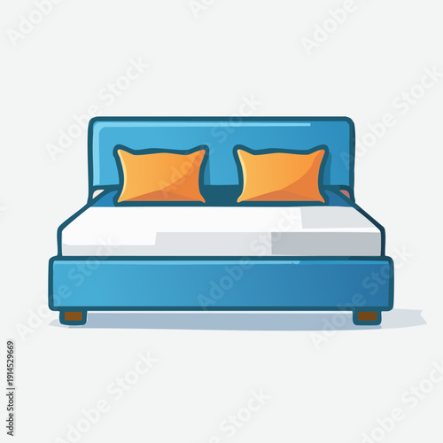 Comfortable Blue Bed with Orange Pillows in a Minimalist Style.