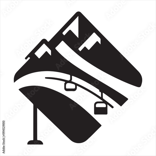 Ski lift & mountain vector silhouette outline logo design concept illustration