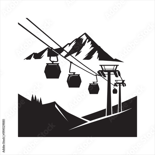 Ski lift & mountain vector silhouette outline logo design concept illustration