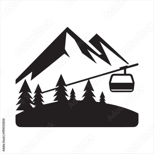 Ski lift & mountain vector silhouette outline logo design concept illustration