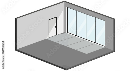 Isometric view of an empty room with a door and large windows.
