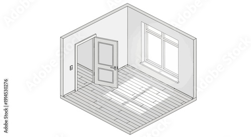 Isometric view of an empty room with a door and window.