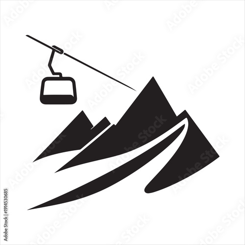 Ski lift & mountain vector silhouette outline logo design concept illustration