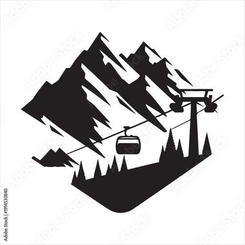 Ski lift & mountain vector silhouette outline logo design concept illustration