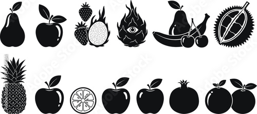 Collection of black fruit silhouettes including pineapple apple pear strawberry dragon fruit banana cherry orange and pomegranate isolated on white background for food design