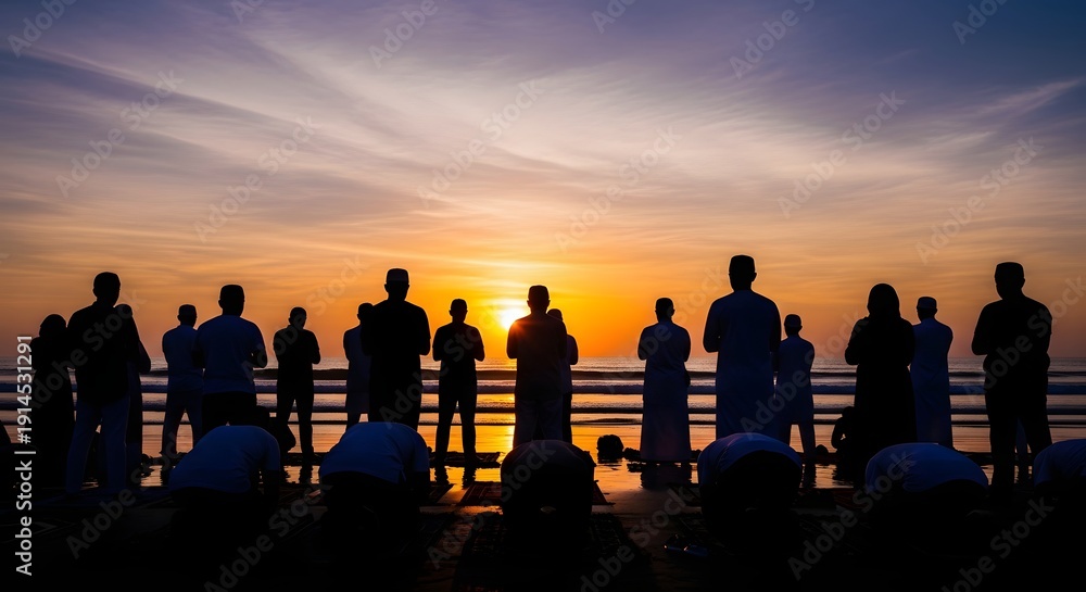 Fototapeta premium Silhouetted people praying or meditating at sunrise or sunset by the ocean, reflecting spiritual devotion and community.