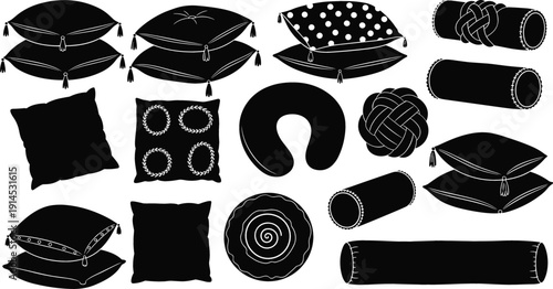 Large collection of black pillow silhouettes including square cushions neck pillows bolsters and decorative throw pillows with tassels for interior home decor