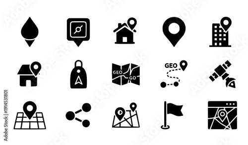 Location Pin Glyph Icon Collection – Address and Map Marker Solid Vector Set