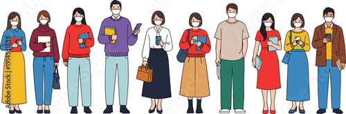Diverse group of young men and women wearing protective medical face masks standing in a line holding books and smartphones isolated on white background