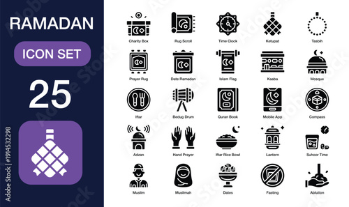 Ramadan icon set. High Quality Icon Collection. Include ketupat, Kaaba, iftar, mosque, lantern, tasbih and More. Solid Icons vector collection.
