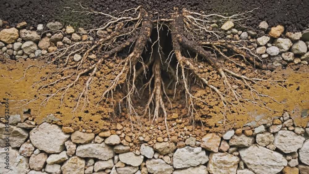 Tree Roots Reference Detailed cross section of tree roots exposed in rocky soil showcasing ...