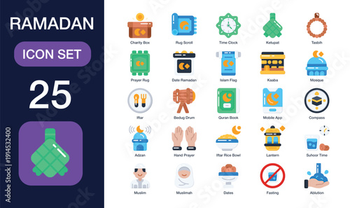 Ramadan icon set. High Quality Icon Collection. Include ketupat, Kaaba, iftar, mosque, lantern, tasbih and More. Flat Icons vector collection.
