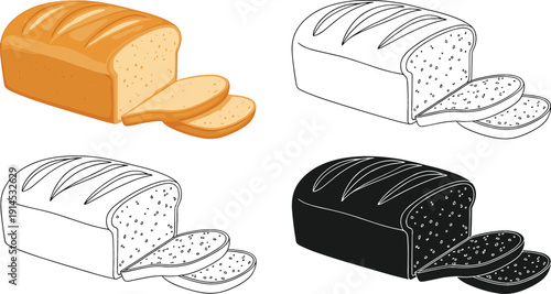 Fresh loaf of sliced bread vector set in color line art and silhouette styles for bakery menu design