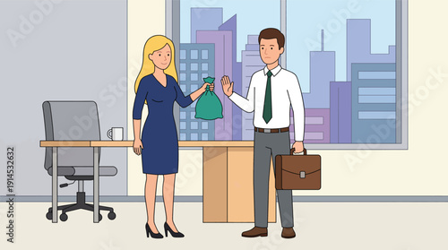 Woman Offers Money Bag to Man in Office Setting