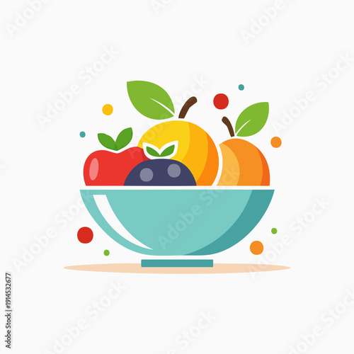 Colorful fruit bowl illustration with fresh fruits.