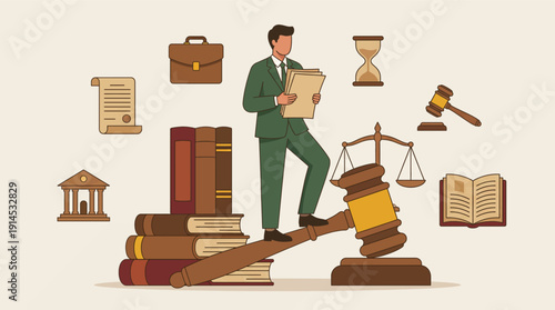 Lawyer with Law Books and Gavel Legal Symbols