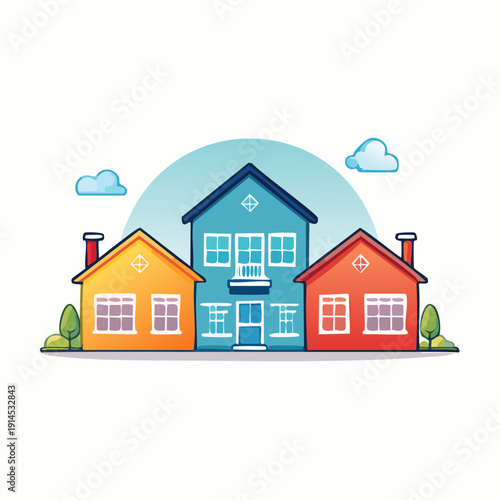 Colorful Houses Illustration Depicting Residential Architecture and Real Estate.