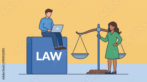 Digital Law Concept with Person on Laptop and Scales of Justice