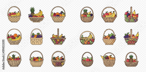Set of fruit baskets with various fresh fruits in cartoon style.