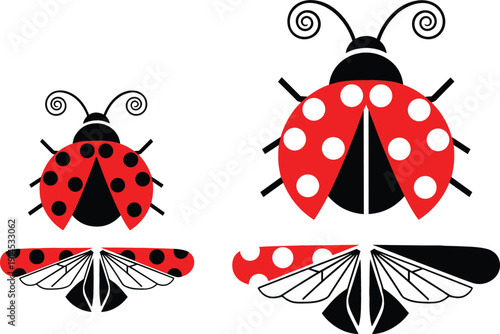 Cute ladybug vector set with red and white spots featuring flying insect wings for nature education design